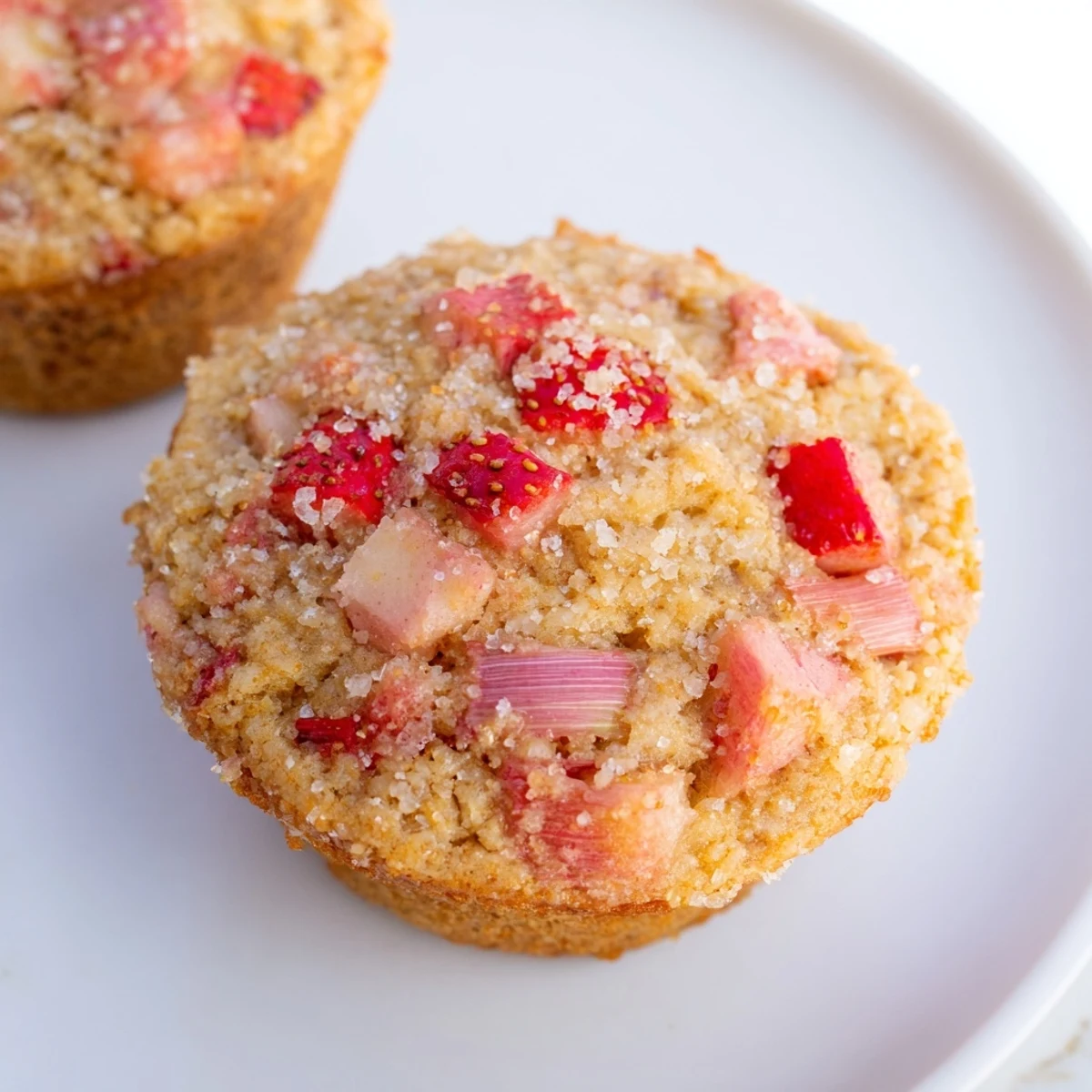 Freshly baked Strawberry Rhubarb Muffins feature juicy red fruit chunks inside fluffy, moist crumb texture.