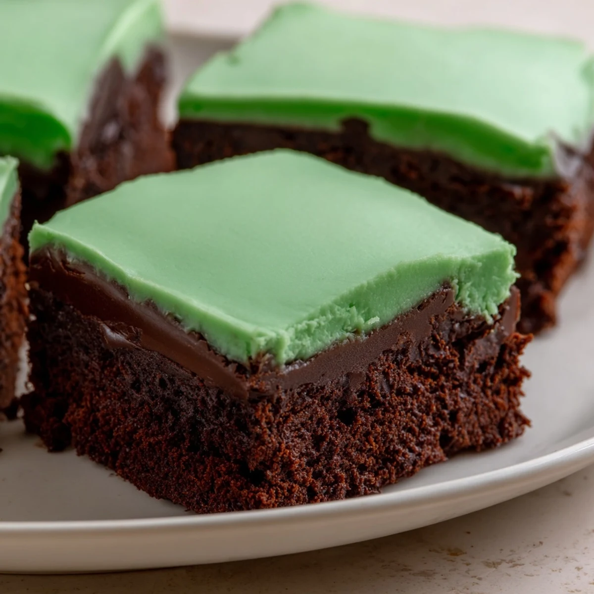 Four layers of fudgy Green Mint Brownies stacked high with rich chocolate ganache.