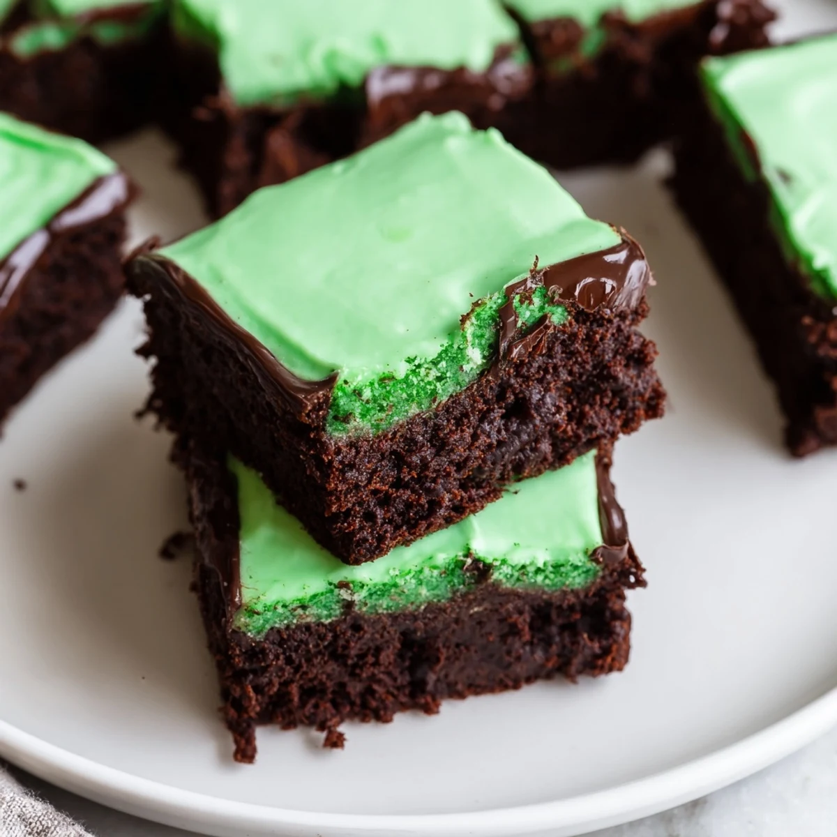 Fresh mint leaves garnish platters of sliced Green Mint Brownies beside a cold glass of milk.