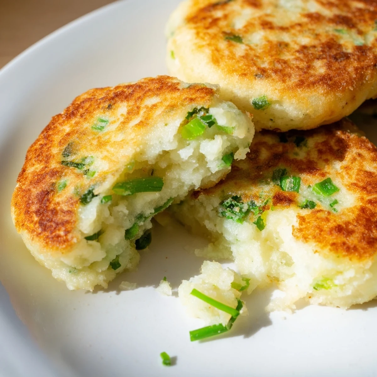 Two stacked Irish Potato Cakes with Scallions show a golden crust and green herbs on a rustic plate.