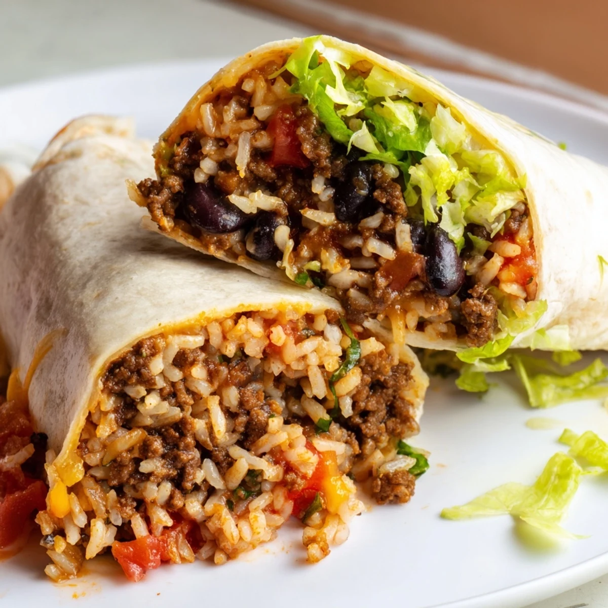 A close-up photo shows a warm flour tortilla wrapped tightly around a hearty Beef Burrito with Beans and Rice, filled with seasoned ground beef and fluffy rice. 