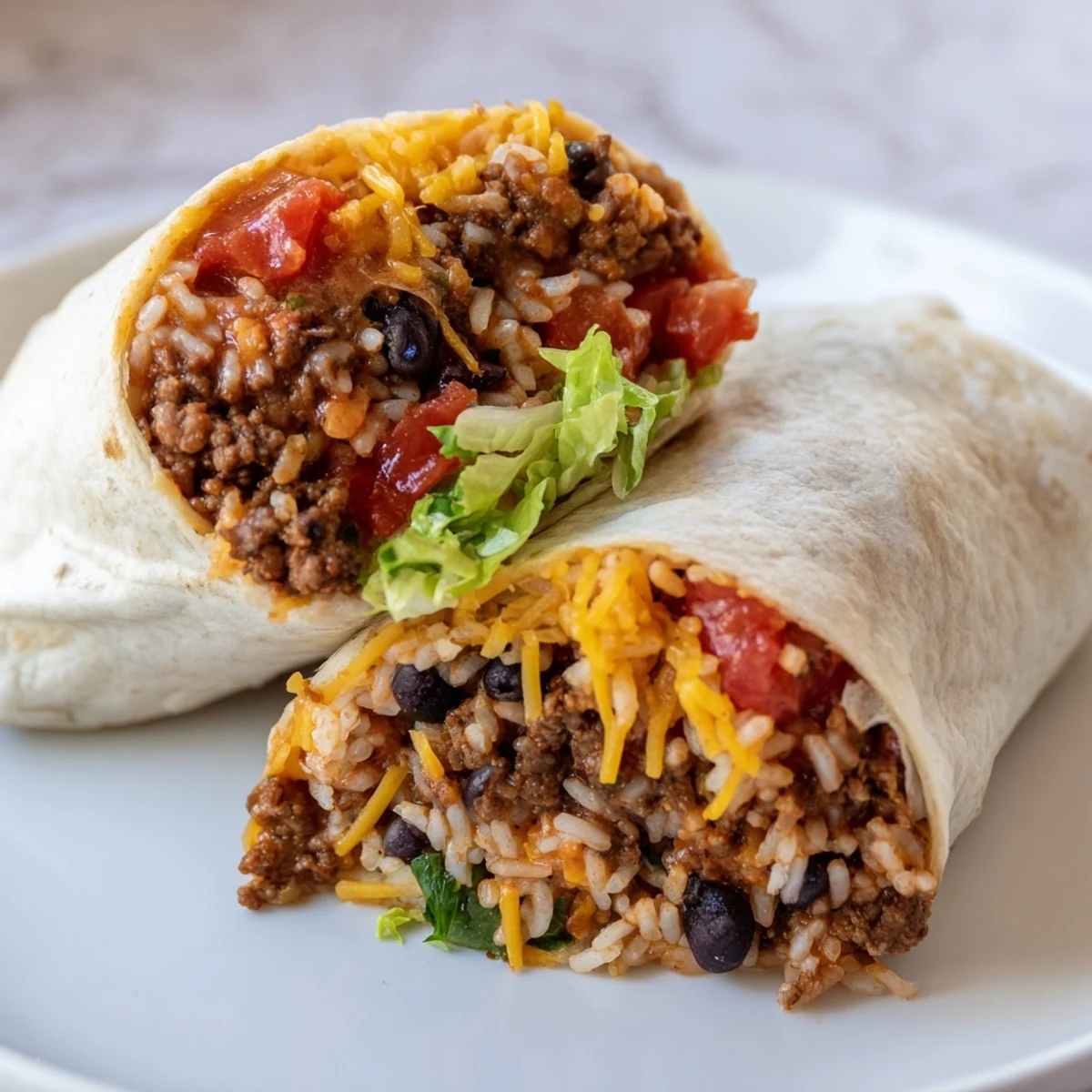 This overhead image displays a Beef Burrito with Beans and Rice on a rustic plate, garnished with fresh lettuce, cheese, and sour cream. 