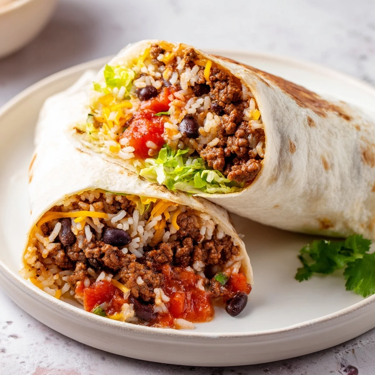 A split view of a sliced Beef Burrito with Beans and Rice reveals the colorful layers of beans, beef, and rice inside the soft tortilla.
