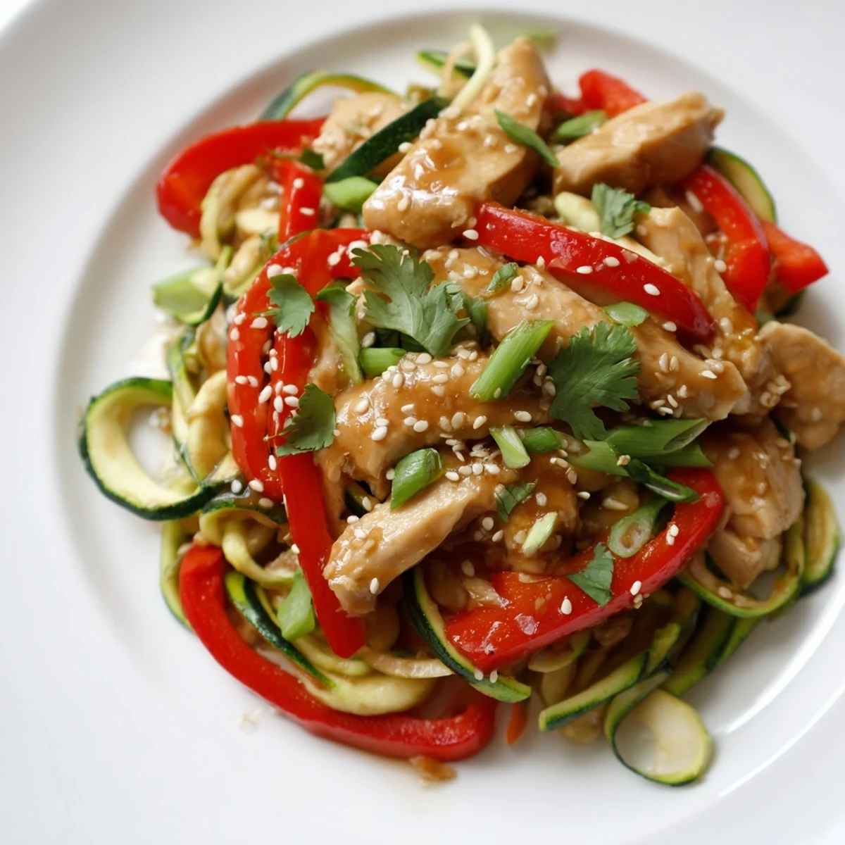 Freshly spiralized zucchini noodles toss with tender chicken and bright red bell peppers in a savory garlic sauce in this Garlic Chicken Zucchini Noodles Stir Fry.