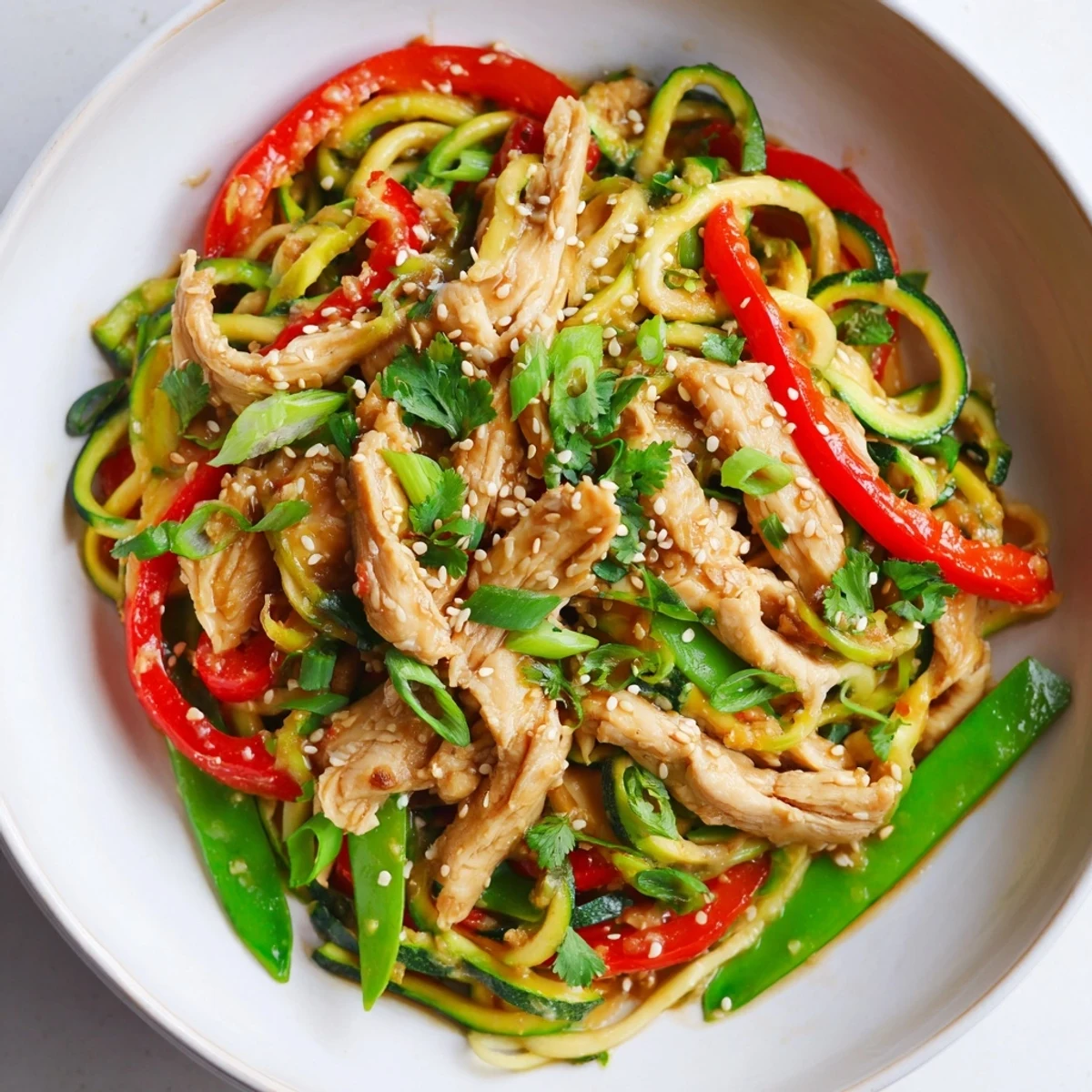 A close-up view of Garlic Chicken Zucchini Noodles Stir Fry highlights crisp snap peas and vibrant green onions nestled in a glossy, savory sauce.