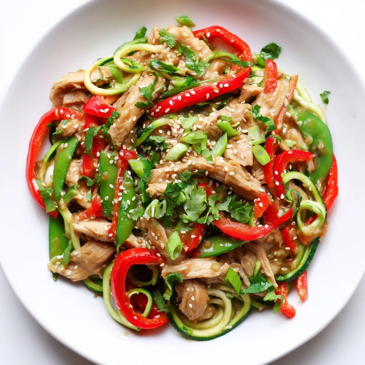 Sizzling Garlic Chicken Zucchini Noodles Stir Fry releases fragrant steam as sesame seeds garnish a colorful, healthy dinner ready in just thirty minutes.
