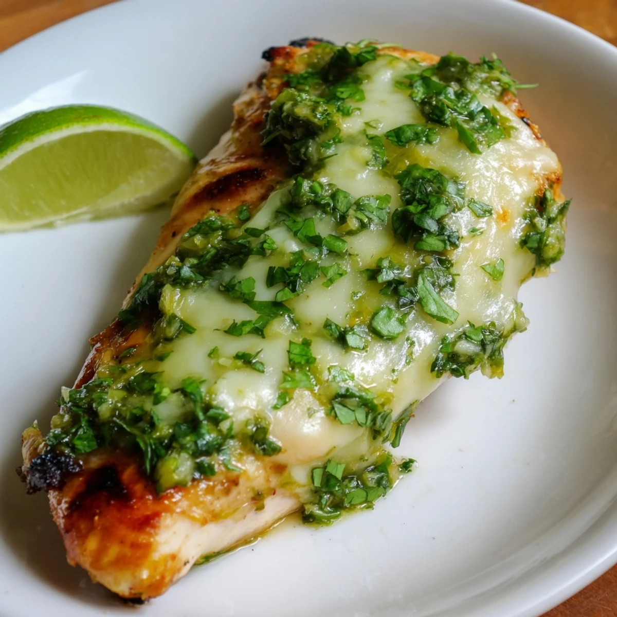 Grilled Salsa Verde Pepper Jack Chicken fresh off the grill with melted cheese and vibrant green salsa on a plate.