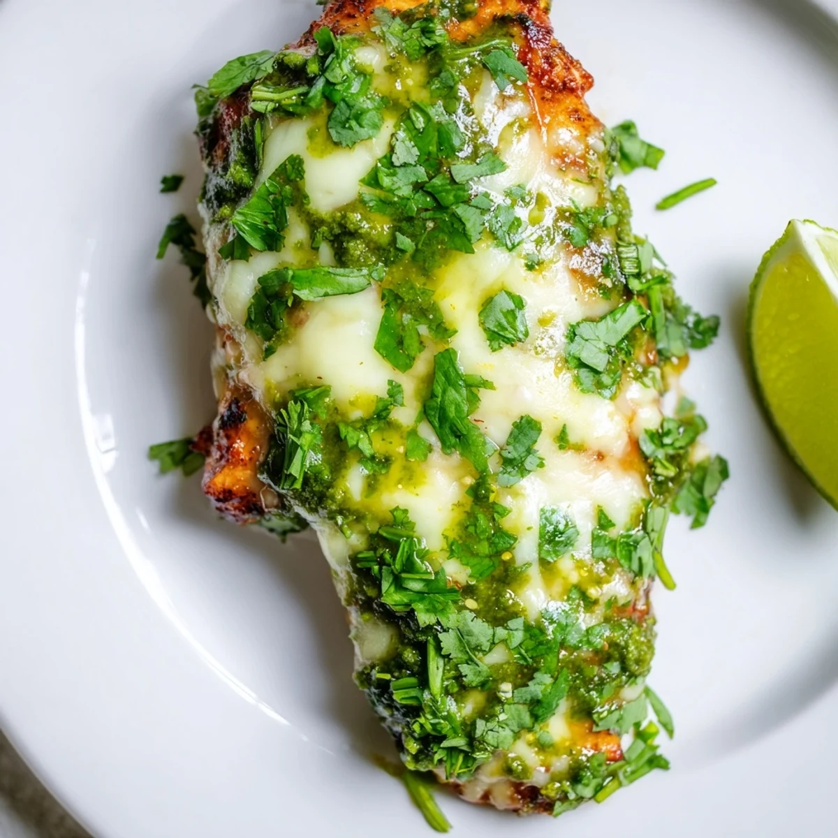 Sizzling Grilled Salsa Verde Pepper Jack Chicken topped with melted pepper jack cheese, ready to be served with avocado slices.