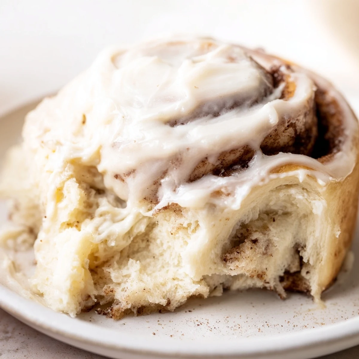 Freshly baked Keto Cinnamon Buns drizzled with icing, showing soft almond flour dough and aromatic cinnamon filling on a plate.