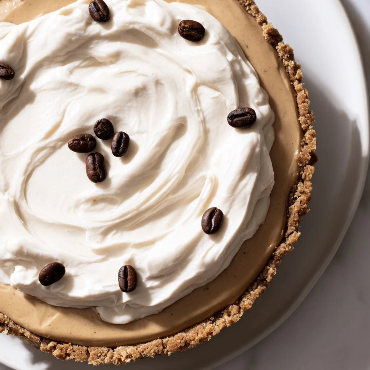 A chilled keto pie with fluffy whipped topping and bold coffee aroma, perfectly set in a golden almond crust for dessert.