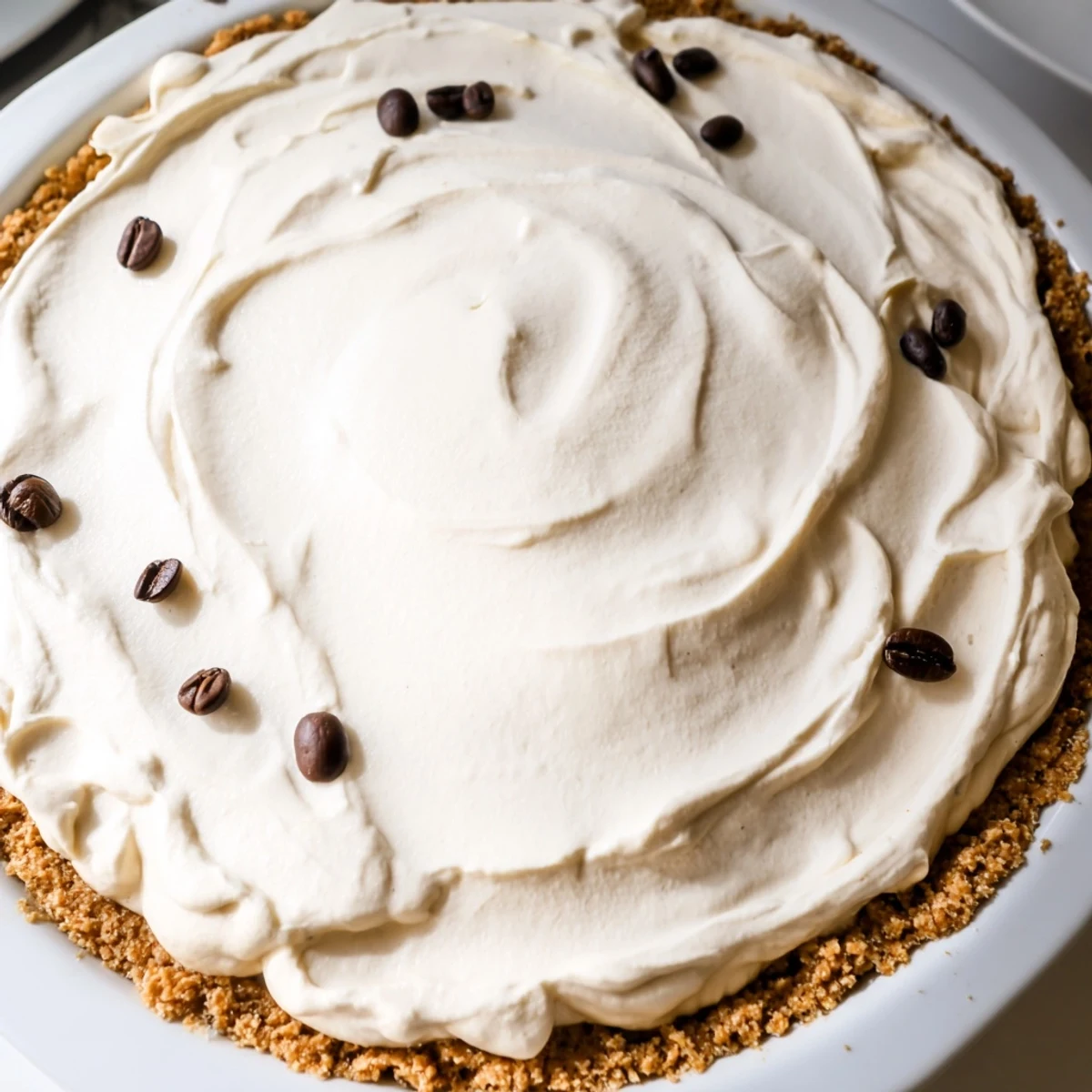 Ready-to-serve Keto Cold Brew Coffee Pie garnished with cocoa powder, highlighting its creamy texture and keto-friendly ingredients in a bright kitchen.