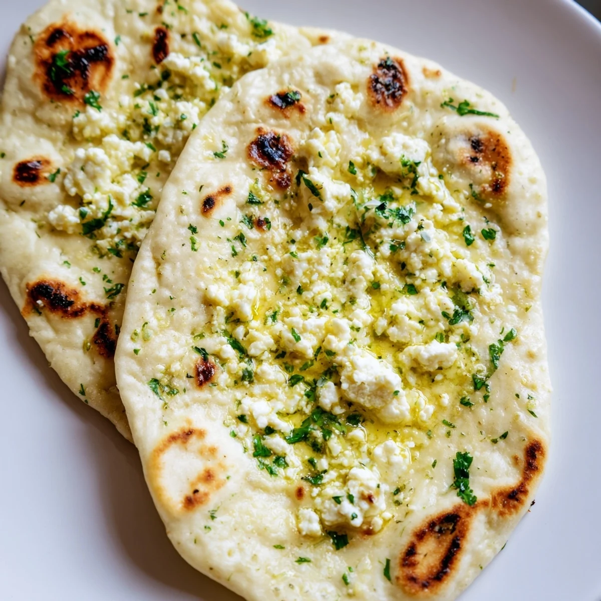 Freshly baked Cottage Cheese Garlic Naan stacked on a wooden board, showing a soft interior stuffed with creamy cheese.  