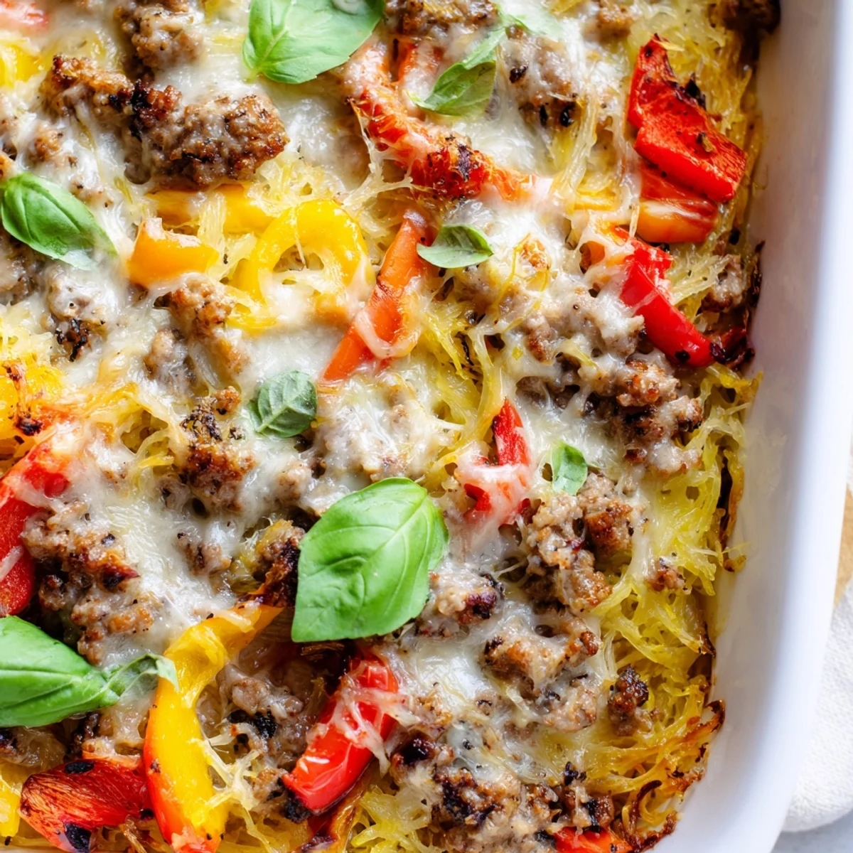 The finished Sausage and Peppers Spaghetti Squash Casserole topped with melted mozzarella and fresh basil.  