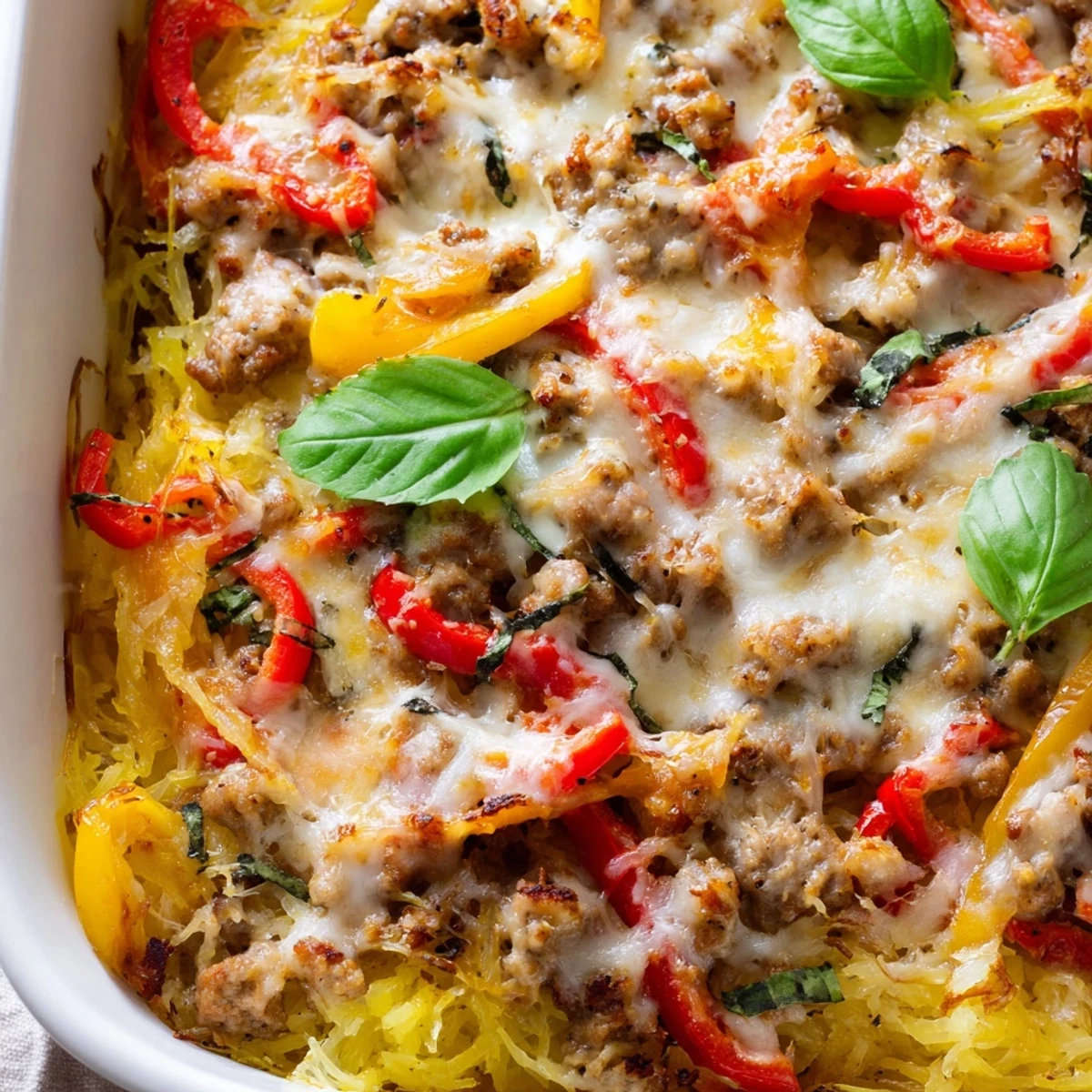 A slice of Sausage and Peppers Spaghetti Squash Casserole reveals savory Italian sausage and peppers.