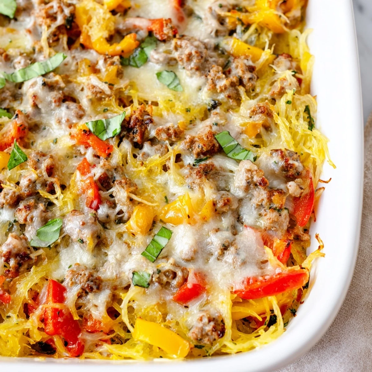 Golden, bubbly Sausage and Peppers Spaghetti Squash Casserole served in a white ceramic dish.  