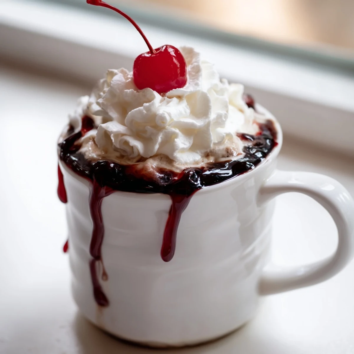 Golden drizzled Viral Cherry Vanilla Latte topped with frothy milk and a fresh cherry.