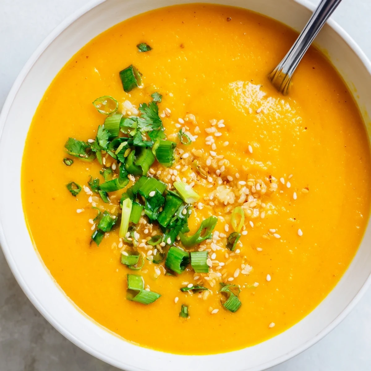 A bowl of vibrant orange Spicy Miso Carrot Soup topped with fresh cilantro and sesame seeds.