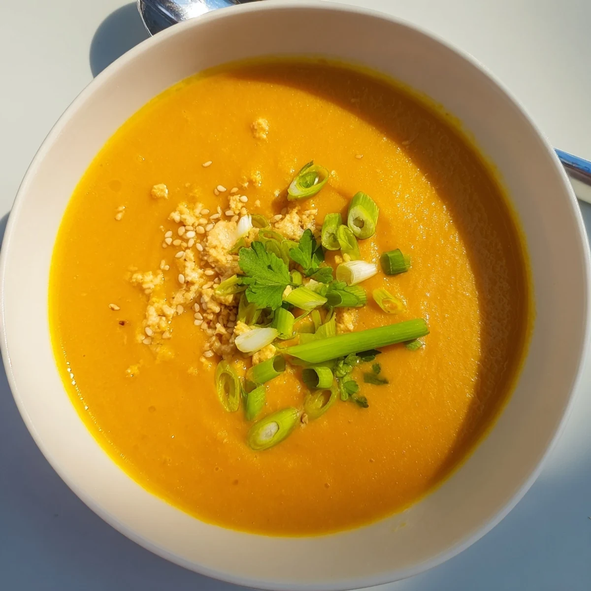 Spicy Miso Carrot Soup simmering in a pot with a ladle, releasing steam and warm aromas.