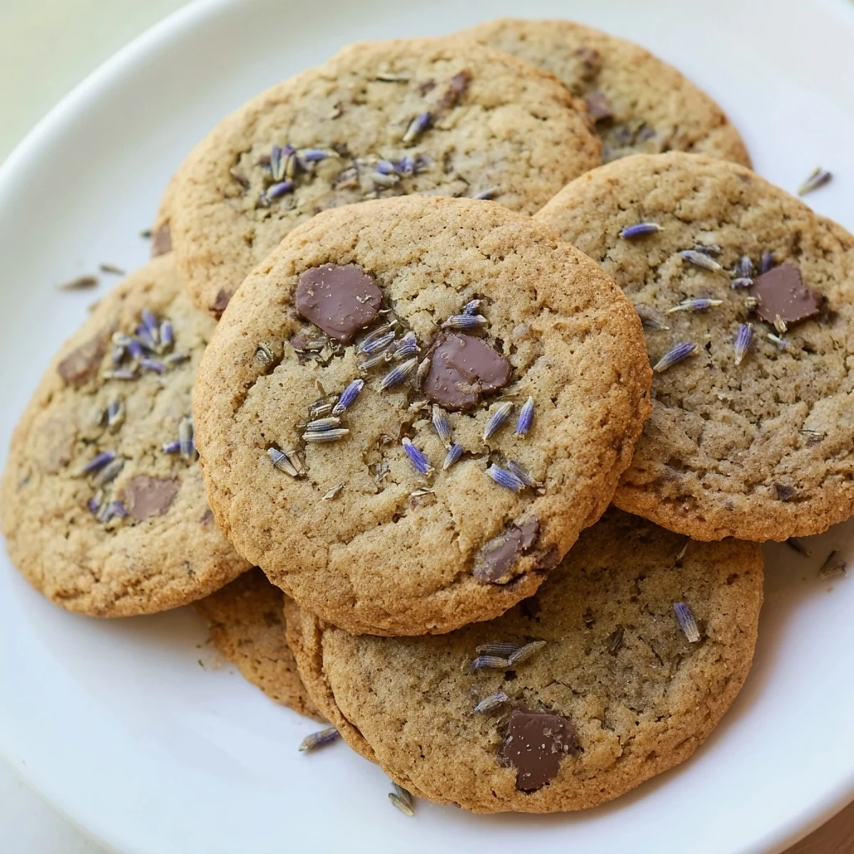 A close-up shot of Lavender Chocolate Chip Cookies showing a cracked, chewy texture with aromatic lavender flecks and gooey chocolate.