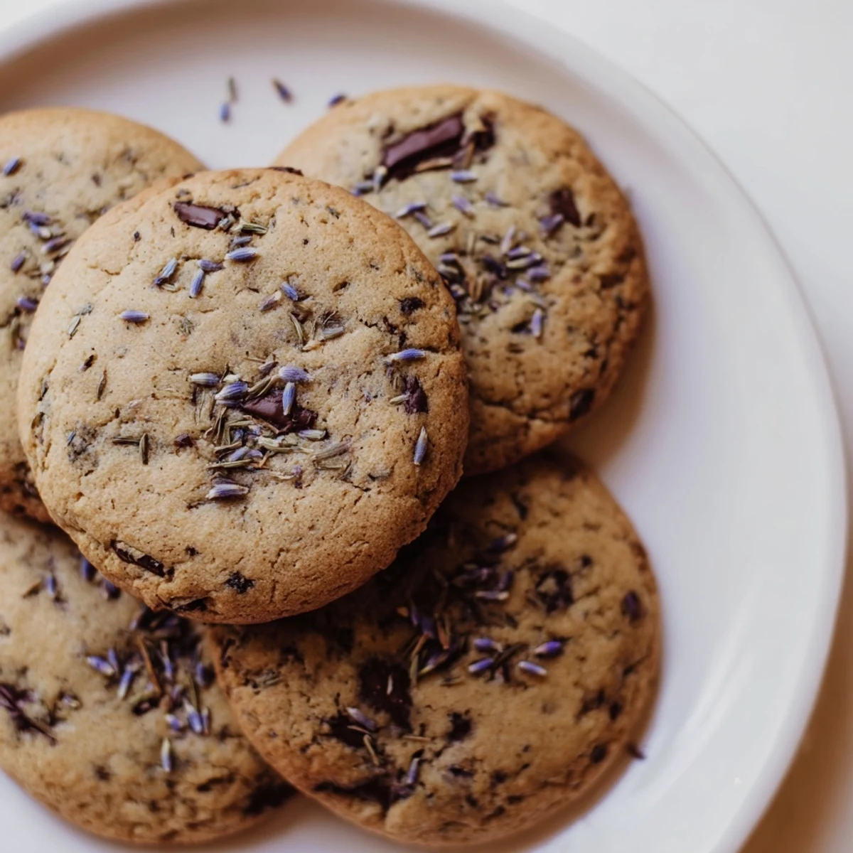 Freshly baked Lavender Chocolate Chip Cookies arranged on a white plate next to a steaming cup of Earl Grey tea.