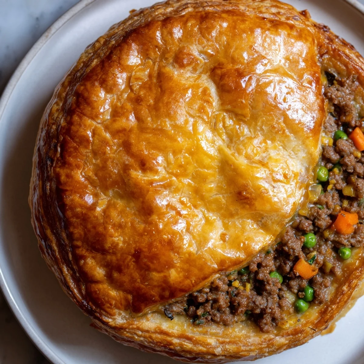 Golden, flaky puff pastry tops sit atop a muffin tin filled with steaming Savory Beef Meat Pies for dinner.
