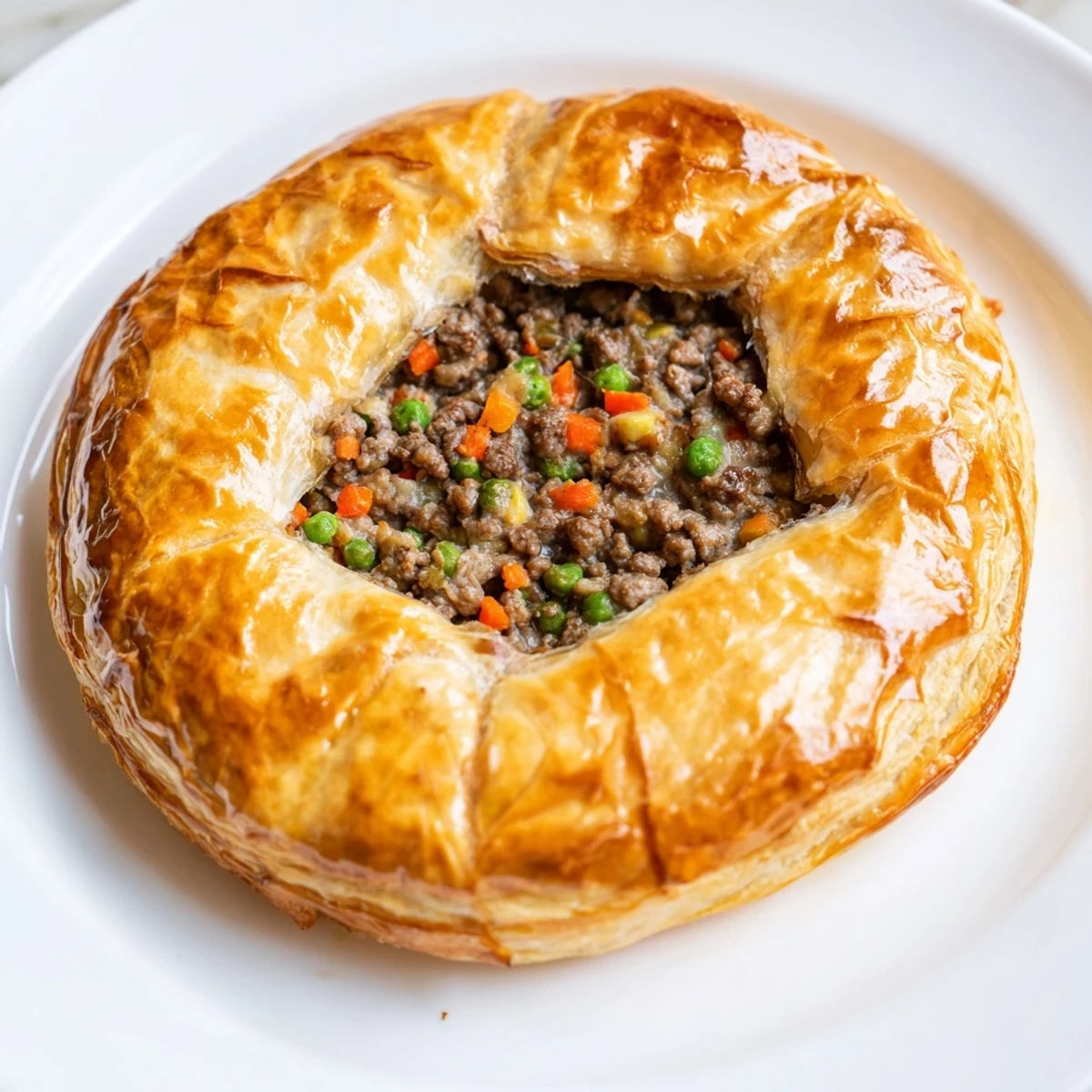 Close-up view of a halved Savory Beef Meat Pie revealing savory ground beef, peas, and carrots tucked inside.