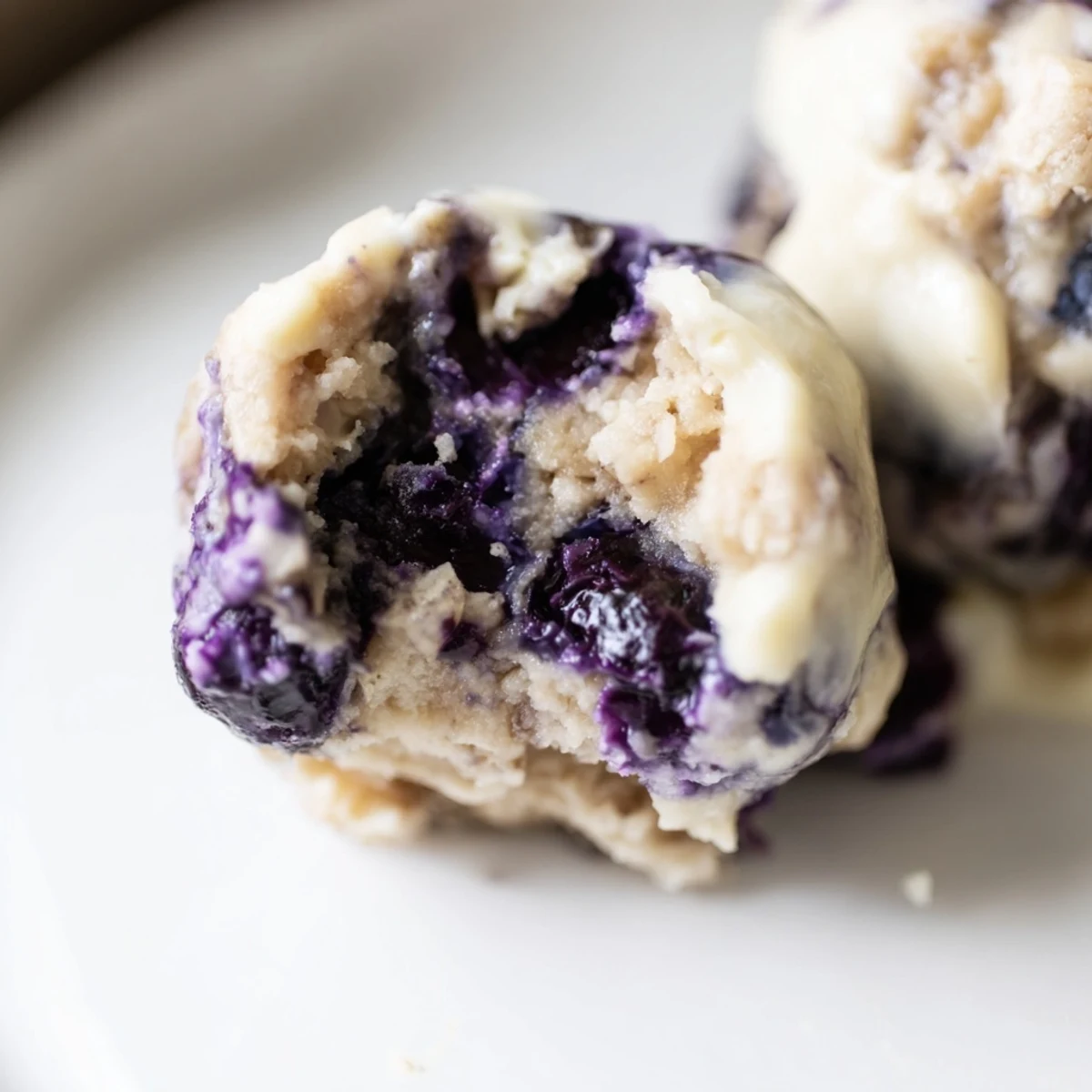 A close-up shot of Blueberry Cheesecake Protein Bites showing the creamy texture and blueberry swirl.