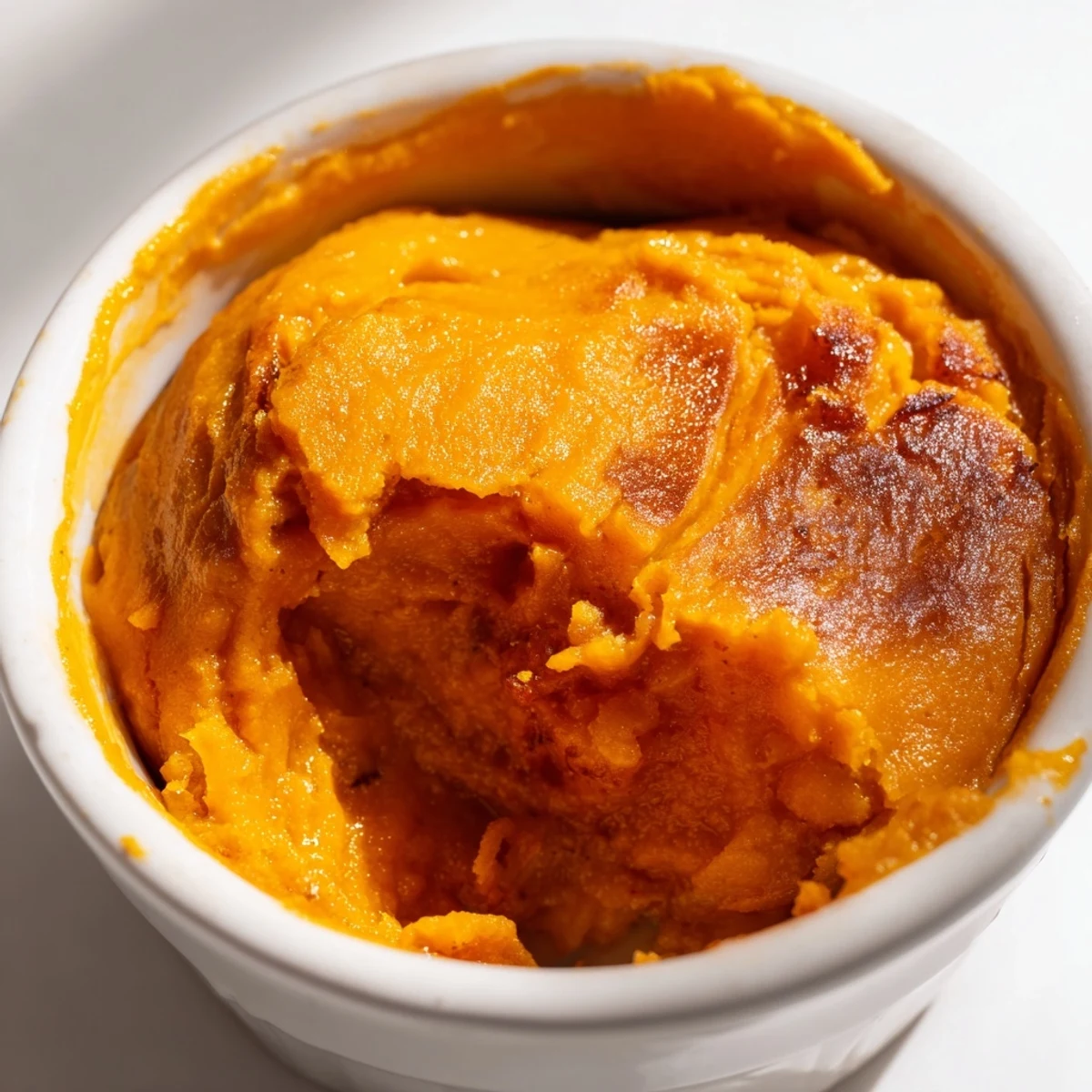 Warm Baked Pumpkin Spice Pudding in a ceramic dish, topped with a dollop of whipped cream and dusted with cinnamon.  