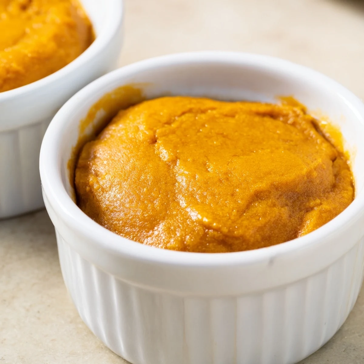 Golden brown Baked Pumpkin Spice Pudding served in individual ramekins, showing a creamy, custard-like texture perfect for fall.  