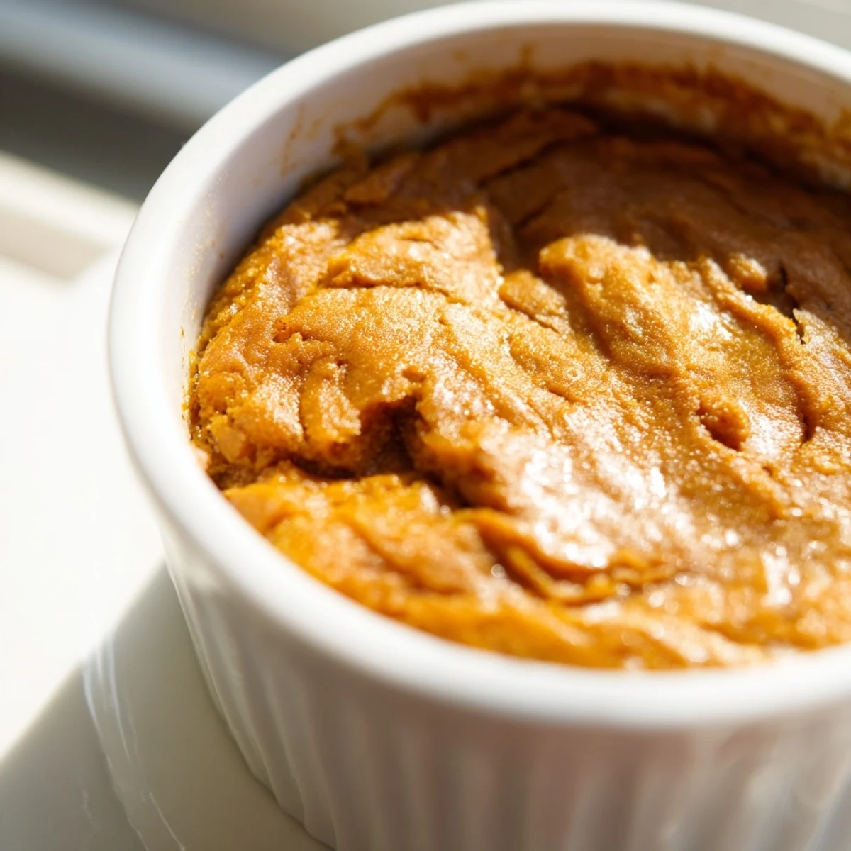 Close-up of Baked Pumpkin Spice Pudding with a spoon, highlighting the rich orange hue and aromatic spices.
