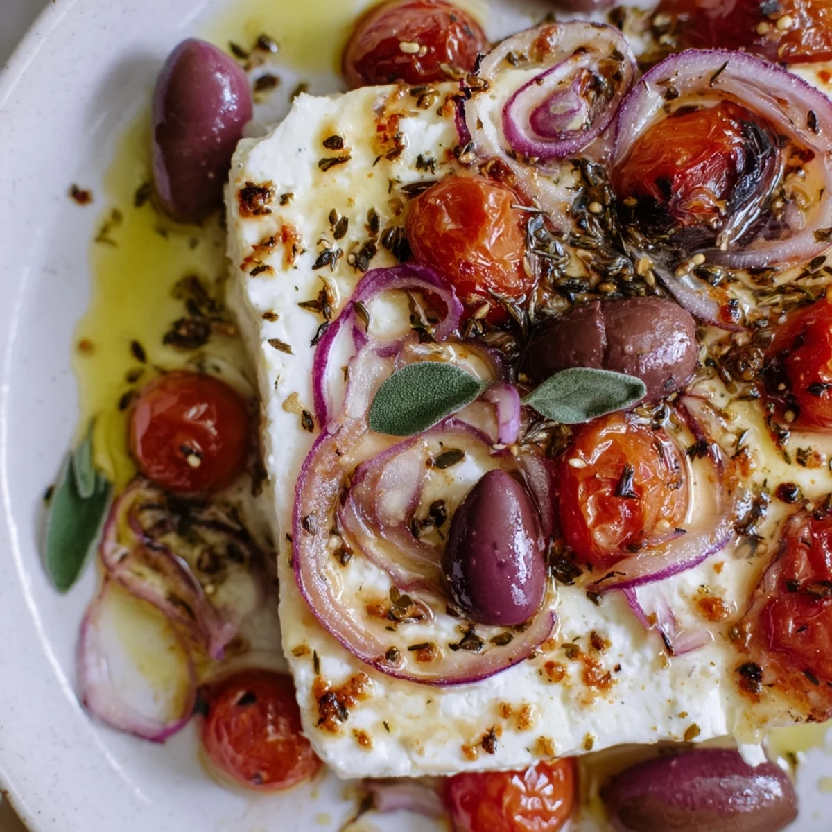A close-up of the Mediterranean Baked Feta Appetizer with blistered tomatoes and olives served with warm pita.