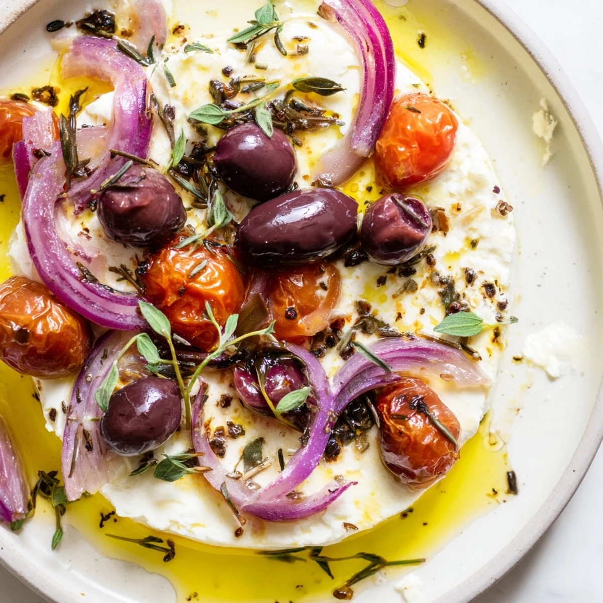 A rustic skillet displays the Mediterranean Baked Feta Appetizer, drizzled with olive oil and ready to scoop with bread.