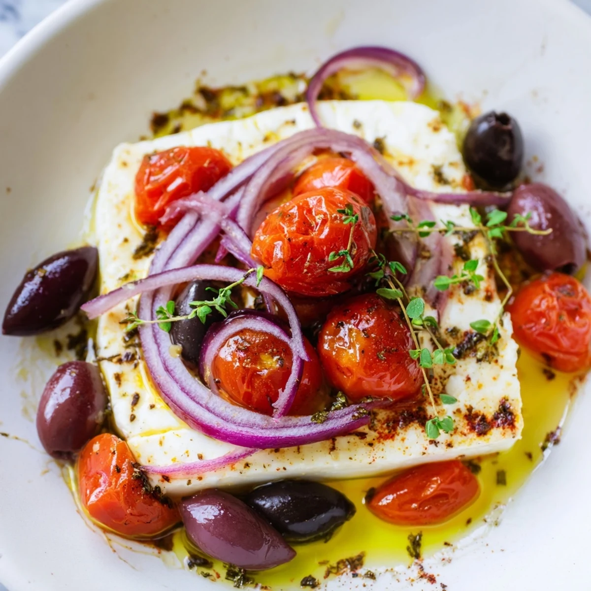 The Mediterranean Baked Feta Appetizer bubbling from the oven, featuring creamy feta and fresh herbs on a platter.