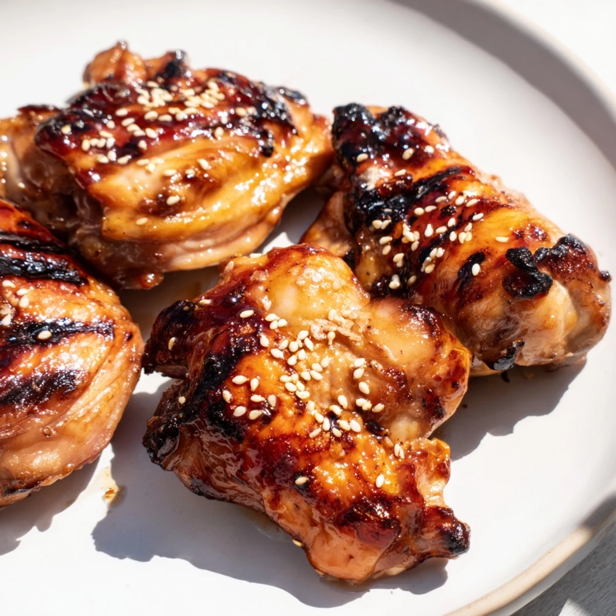 Grilled Hawaiian Huli Huli chicken thighs glazed with sweet pineapple sauce on a barbecue.  