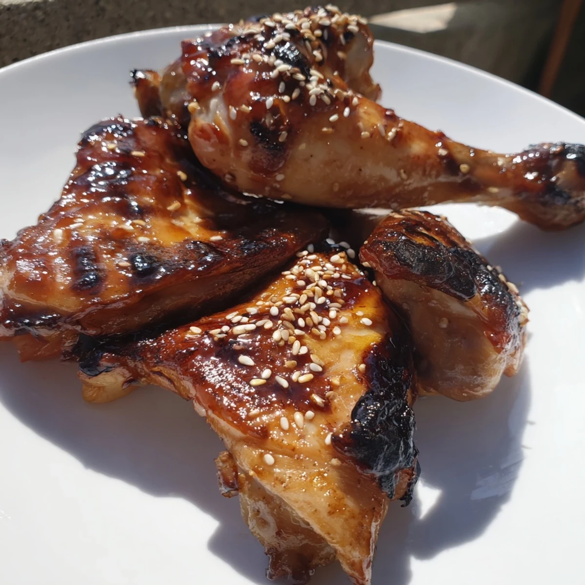 Juicy Hawaiian Huli Huli chicken drumsticks garnished with scallions and sesame seeds close up.  