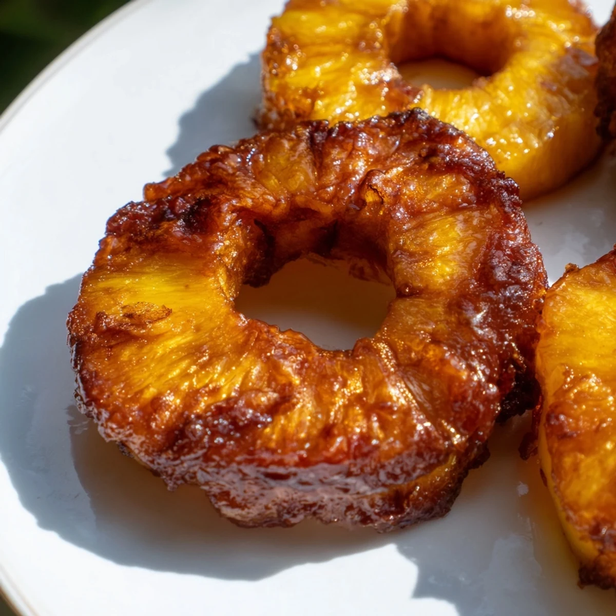 Golden Rum-Soaked Fried Pineapple rings glisten with caramelized sugar, served warm atop a scoop of vanilla ice cream.