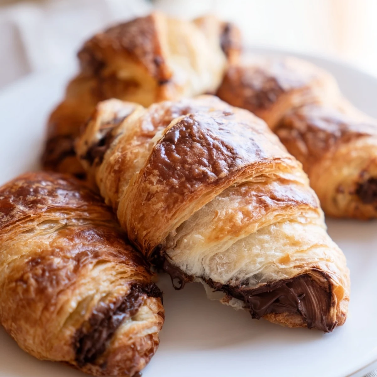Warm, golden Homemade Chocolate Croissants fresh from the oven on a rustic wooden board with a cup of coffee.