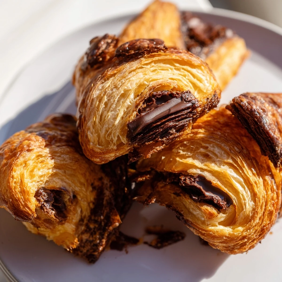 Flaky, golden-brown Homemade Chocolate Croissants neatly arranged on a white plate, showcasing melted chocolate inside.