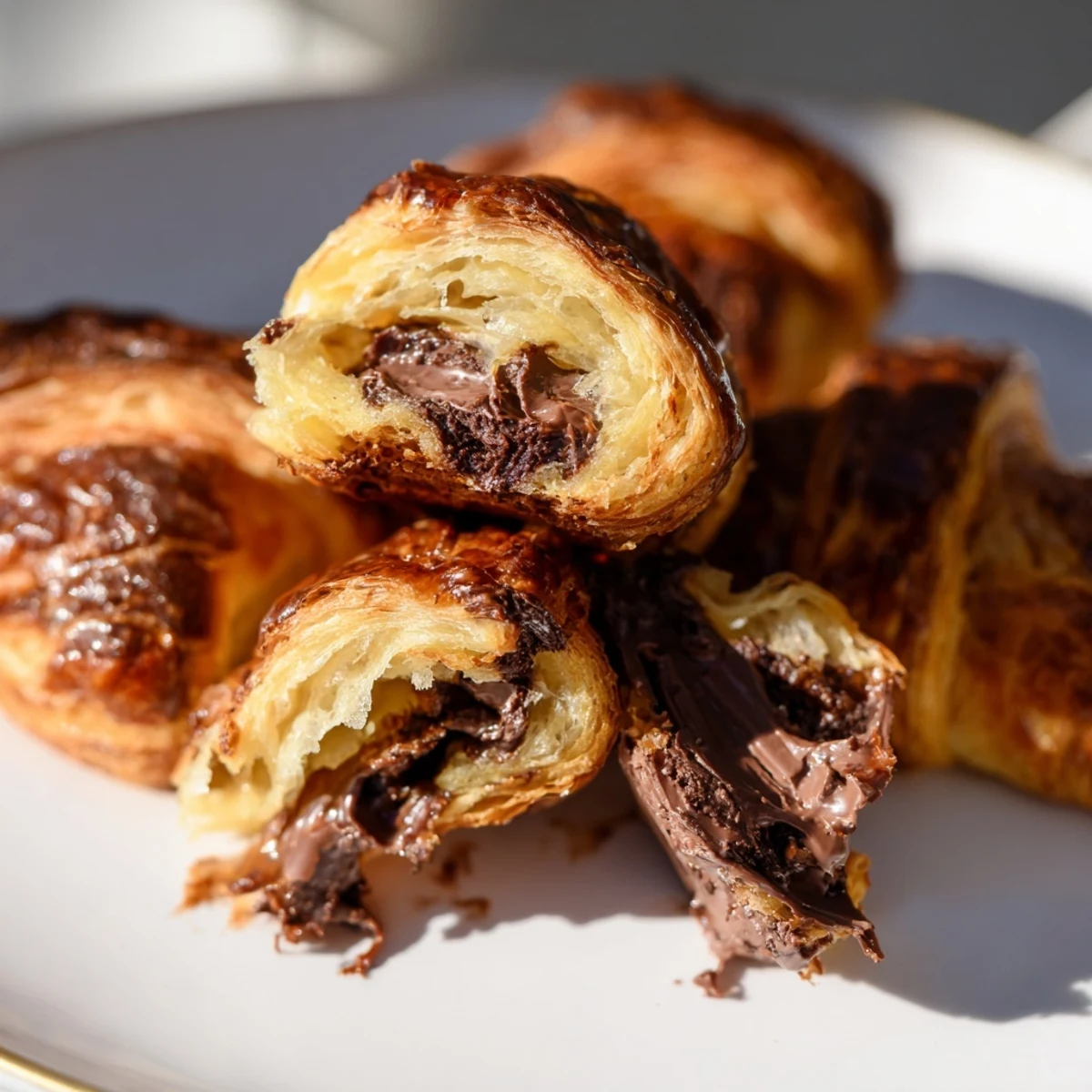 Homemade Chocolate Croissants dusted with powdered sugar, served on a marble countertop perfect for a cozy breakfast.