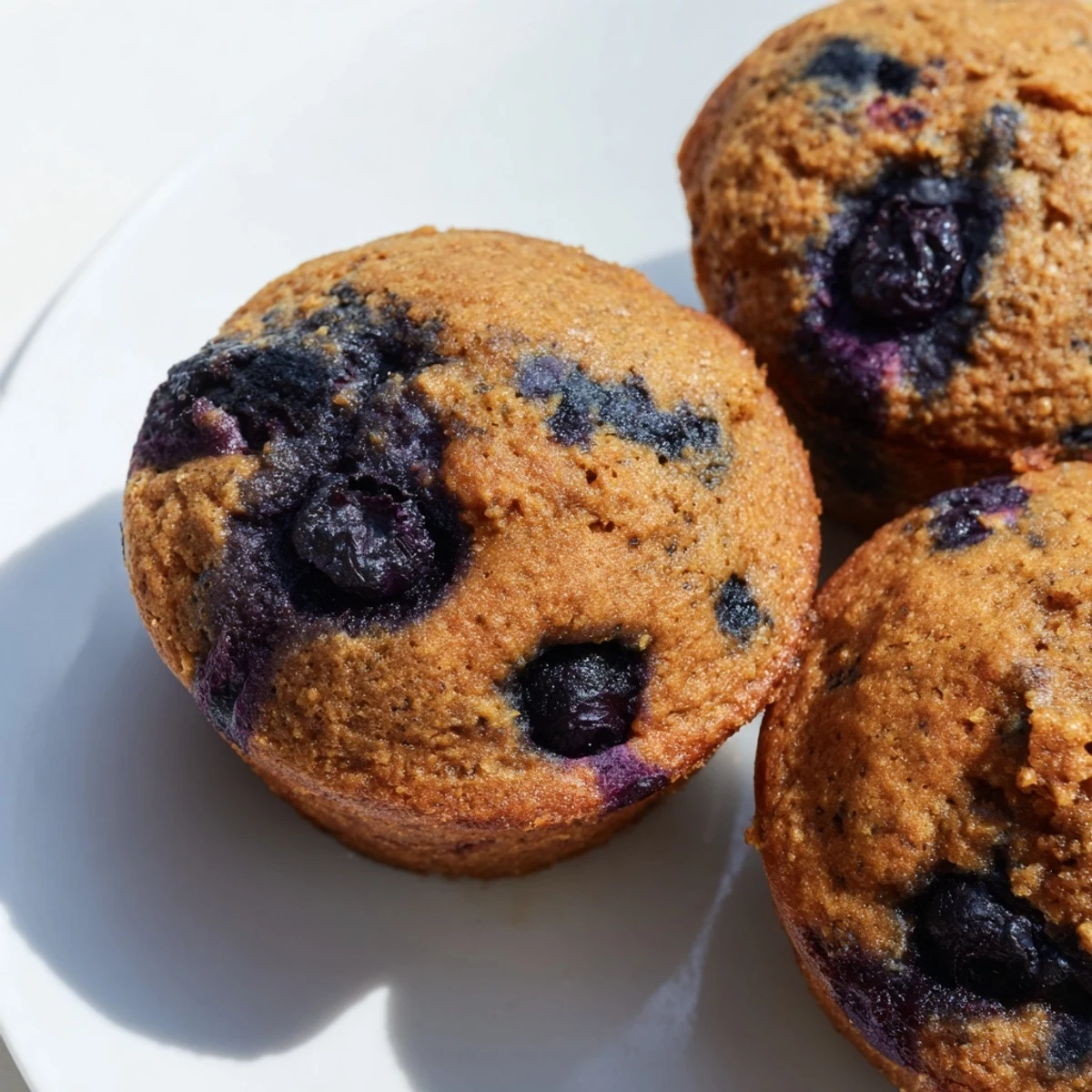 Perfectly baked Blueberry Protein Muffins with Greek Yogurt served on a plate with a dollop of yogurt and fresh berries.