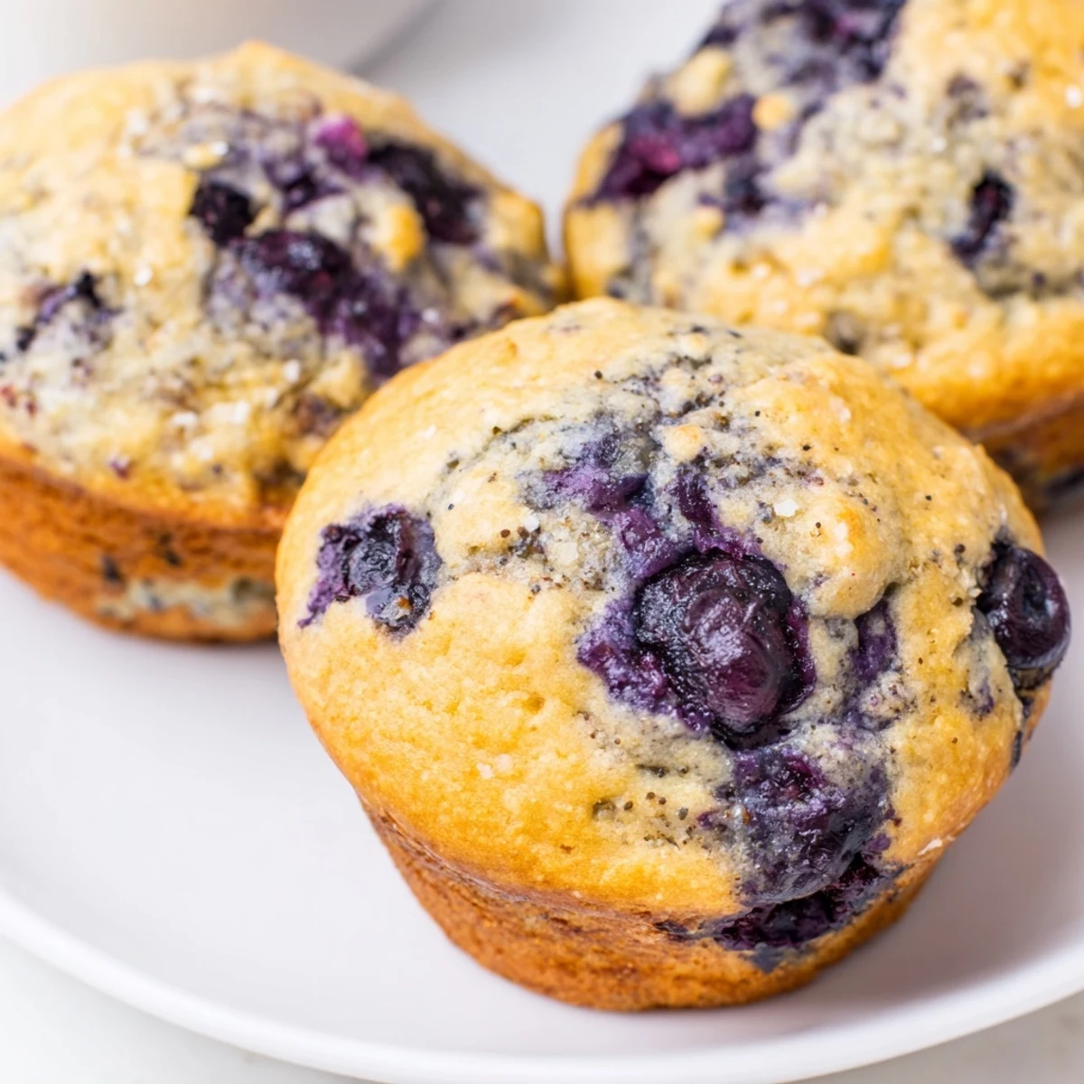 Moist, golden-brown Blueberry Protein Muffins with Greek Yogurt cooling on a wire rack, bursting with juicy berries.