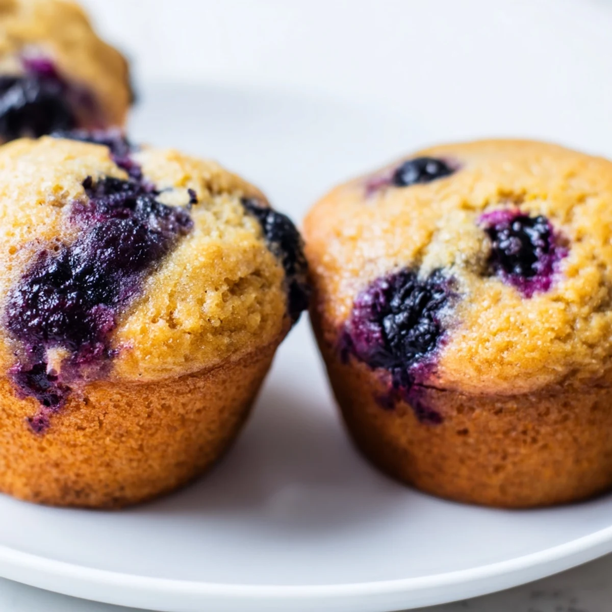 A close-up of a Blueberry Protein Muffins with Greek Yogurt revealing tender crumb and plump, blueberry speckles throughout.