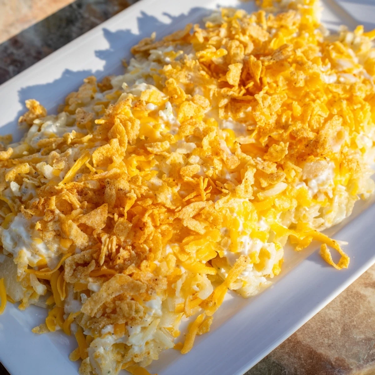 Hearty Funeral Potatoes with Hashbrowns are served warm from a 9x13 baking dish, a classic American side dish for family gatherings.