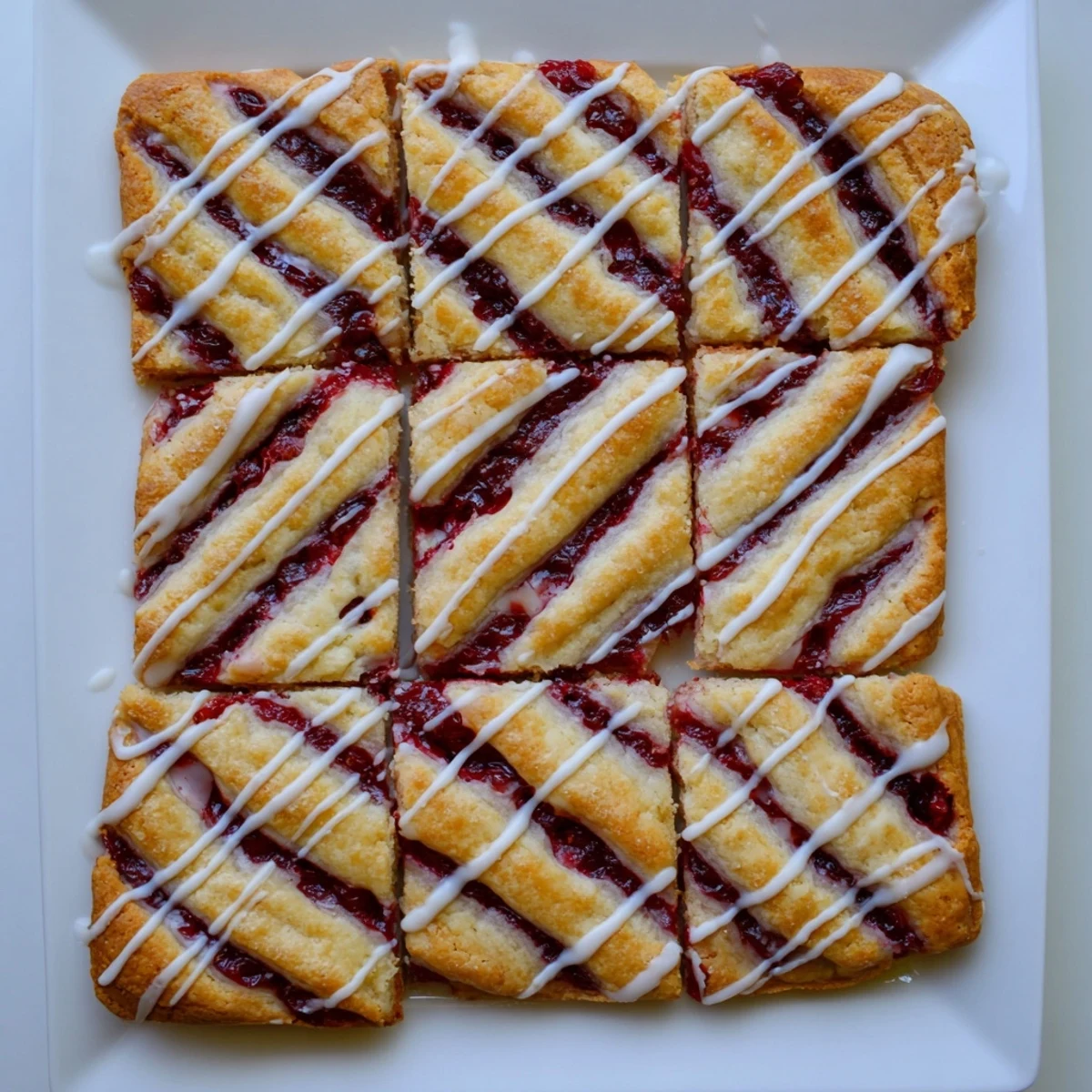Freshly baked Easy Cherry Pie Bars drizzled with glaze, served on a rustic plate.
