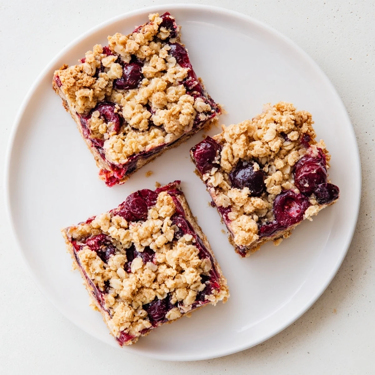 Easy Tasty Cherry Crumble Bars baked golden brown with bubbling red fruit filling.