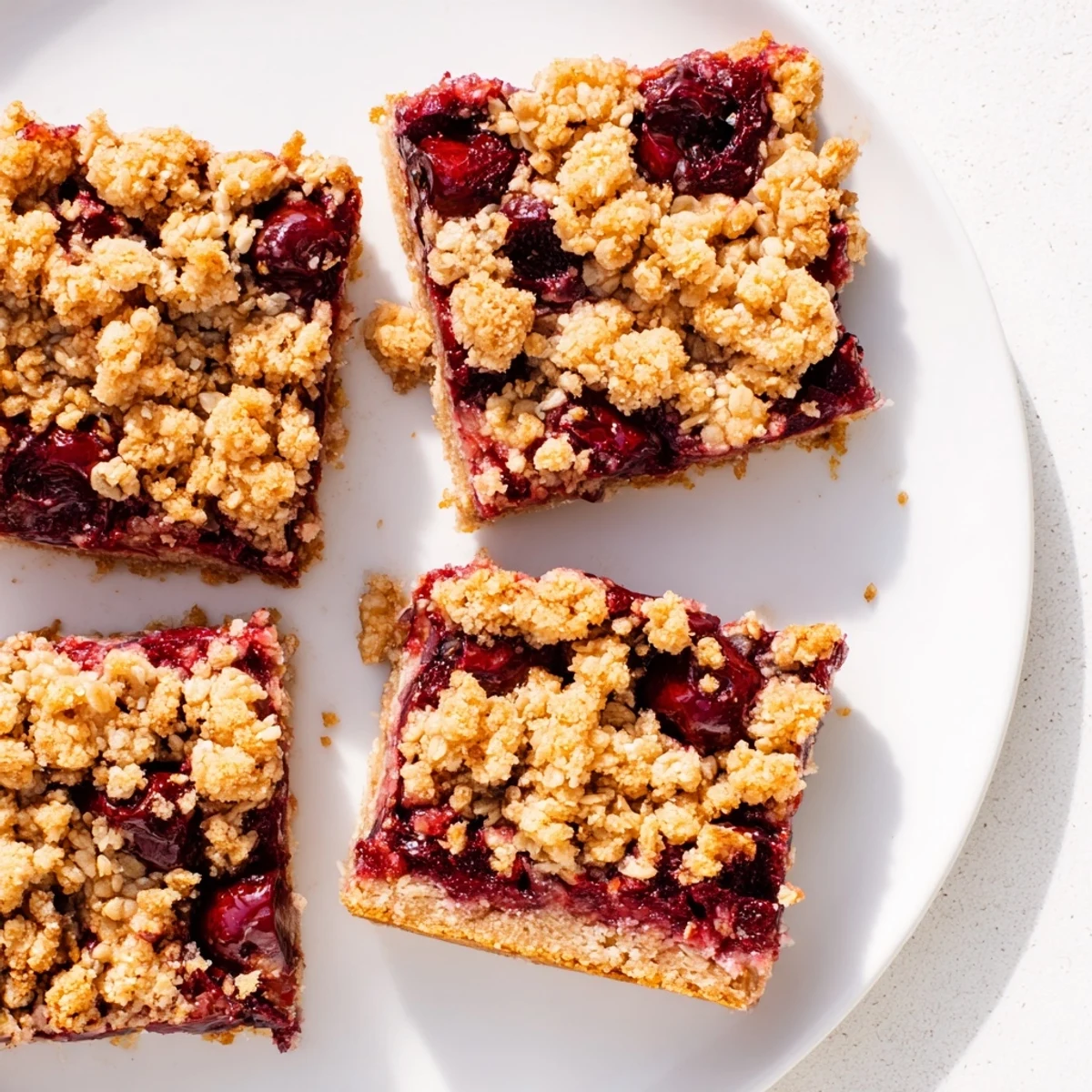 Easy Tasty Cherry Crumble Bars plated with a scoop of vanilla ice cream melting.