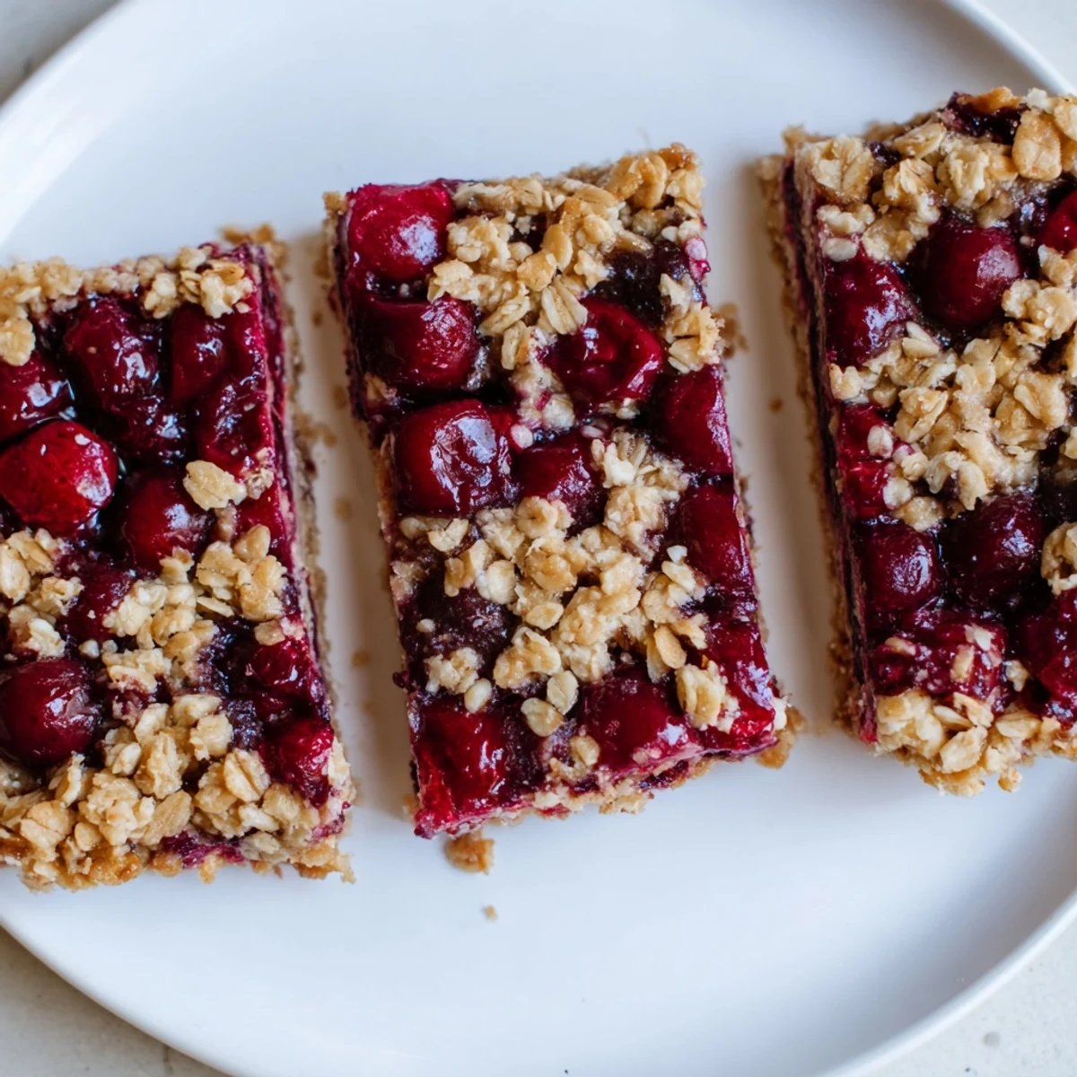 Easy Tasty Cherry Crumble Bars cut into bars revealing juicy cherries and buttery oat crumble.