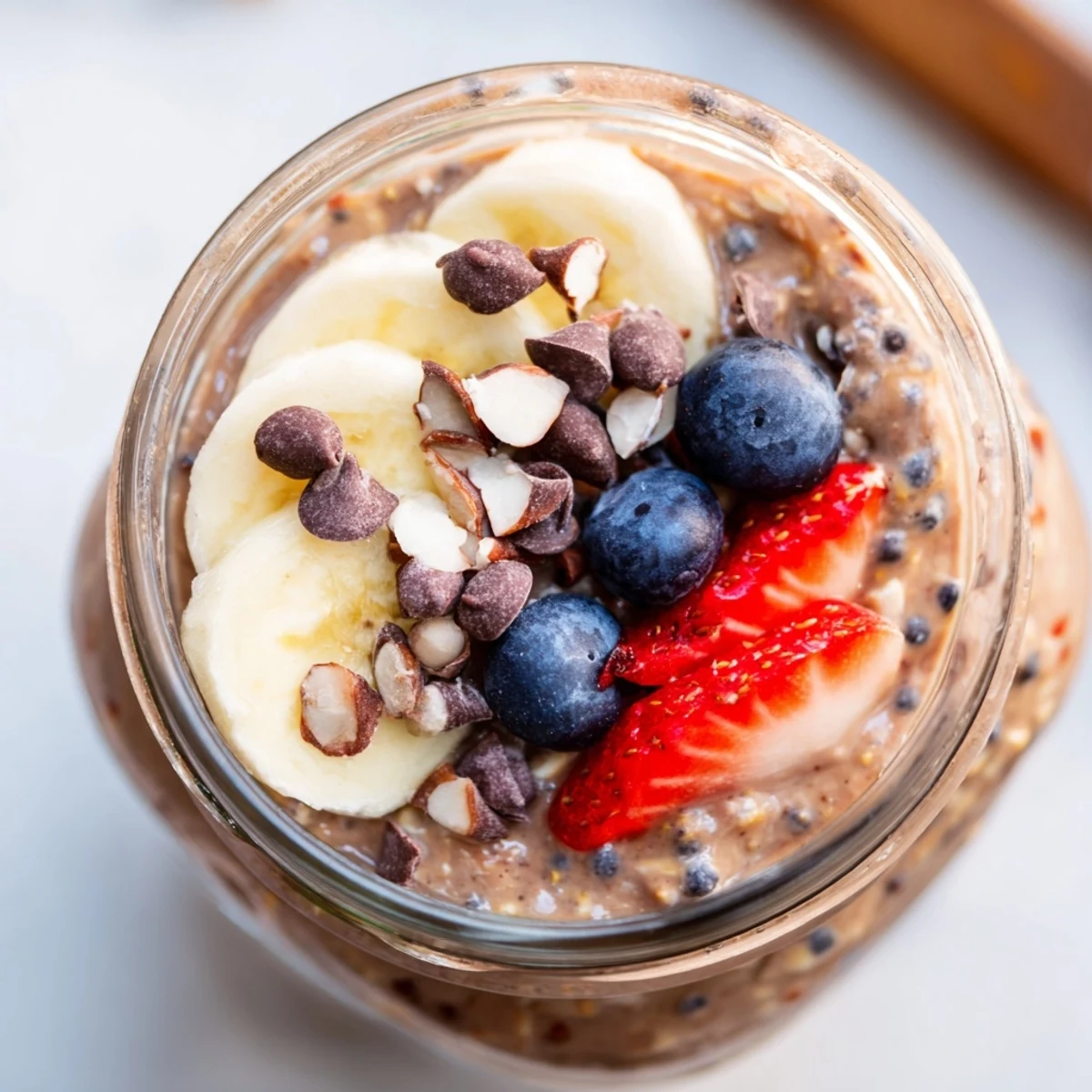 The jar shows Ultimate Healthy Chocolate Overnight Oats topped with banana slices, chopped almonds, and dark chocolate chips.