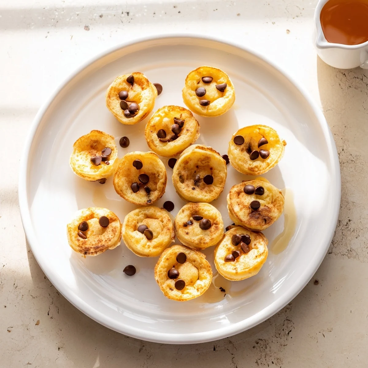 Tiny baked Pancake Poppers with melted chocolate chips inside, arranged neatly on a rustic wooden board.