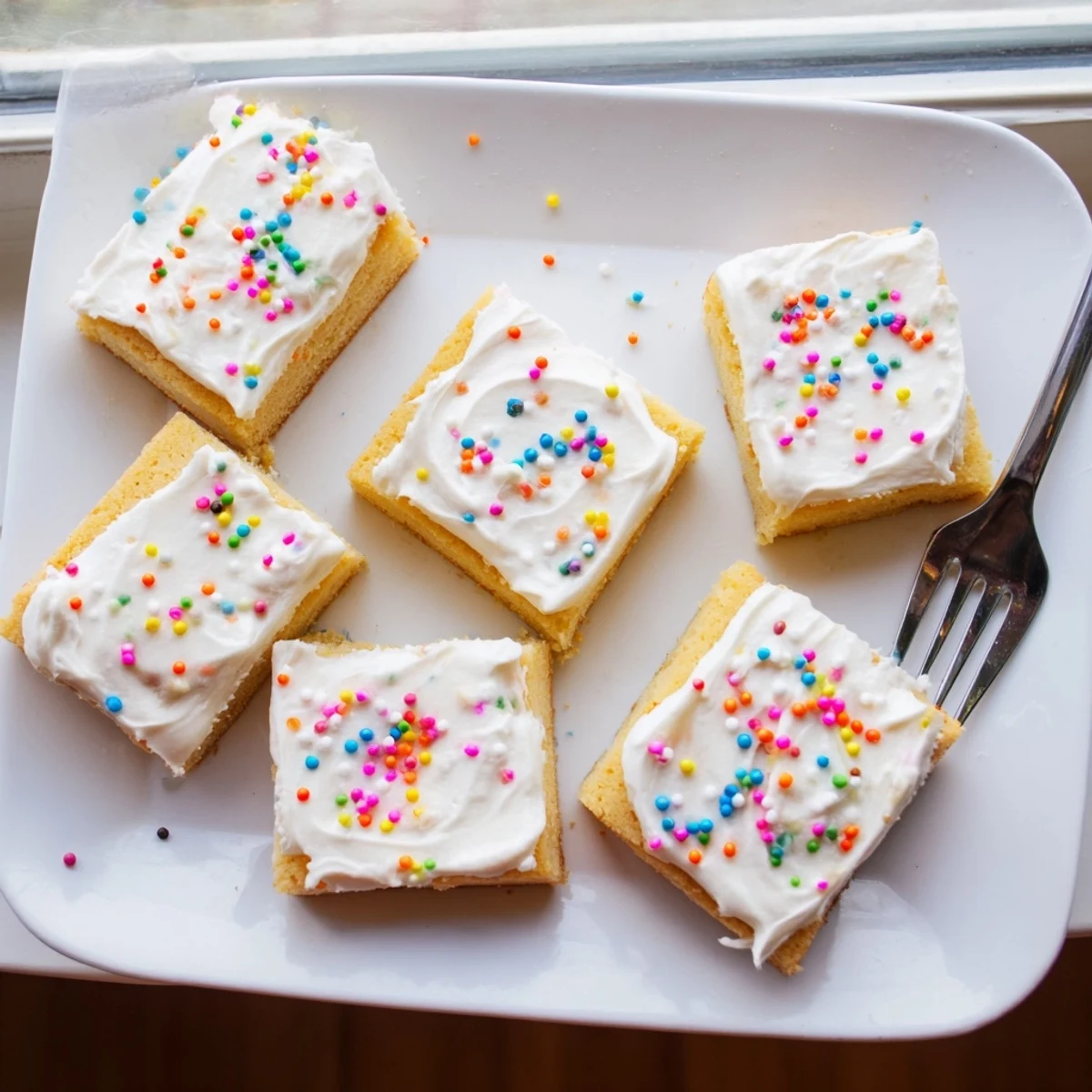 Homemade Sugar Cookie Bars drizzled with vanilla frosting, stacked high on a plate for a sweet treat any day.
